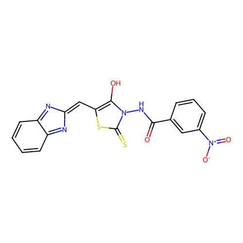 (Z)-N-(5-((1H-benzo[d]imidazol-2-yl)methylene)-4-oxo-2-thioxothiazolidin-3-yl)-3-nitrobenzamide structure