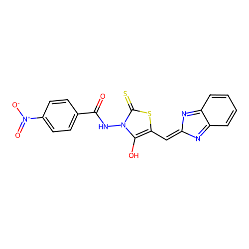 (Z)-N-(5-((1H-benzo[d]imidazol-2-yl)methylene)-4-oxo-2-thioxothiazolidin-3-yl)-4-nitrobenzamide structure
