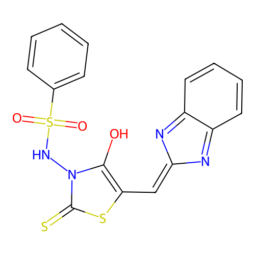 N-[(5Z)-5-(1H-benzimidazol-2-ylmethylidene)-4-oxo-2-sulfanylidene-1,3-thiazolidin-3-yl]benzenesulfonamide structure