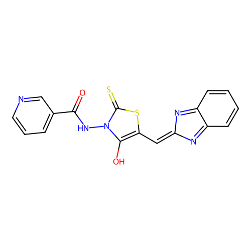 N-[(5Z)-5-(1H-benzimidazol-2-ylmethylidene)-4-oxo-2-thioxo-1,3-thiazolidin-3-yl]pyridine-3-carboxamide structure