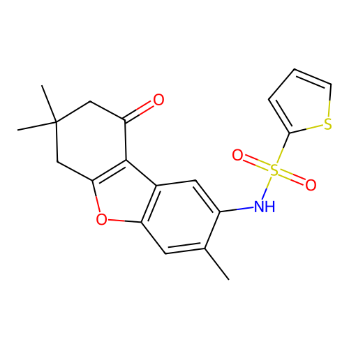N-(3,7,7-trimethyl-9-oxo-6,8-dihydrodibenzofuran-2-yl)thiophene-2-sulfonamide structure
