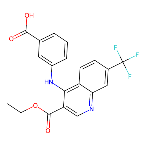 3-{[3-(Ethoxycarbonyl)-7-(trifluoromethyl)-4-quinolyl]amino}benzoic acid structure