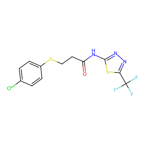 3-(4-chlorophenyl)sulfanyl-N-[5-(trifluoromethyl)-1,3,4-thiadiazol-2-yl]propanamide structure