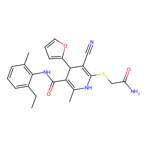 6-((2-amino-2-oxoethyl)thio)-5-cyano-N-(2-ethyl-6-methylphenyl)-4-(furan-2-yl)-2-methyl-1,4-dihydropyridine-3-carboxamide structure