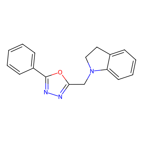 1-[(5-phenyl-1,3,4-oxadiazol-2-yl)methyl]-2,3-dihydro-1H-indole structure