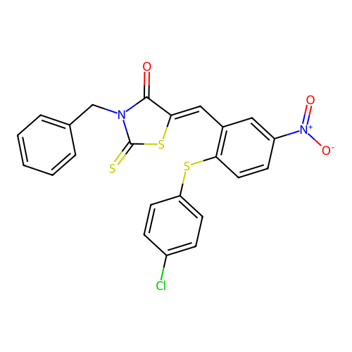 3-benzyl-5-[[2-(4-chlorophenyl)sulfanyl-5-nitrophenyl]methylidene]-2-sulfanylidene-1,3-thiazolidin-4-one structure