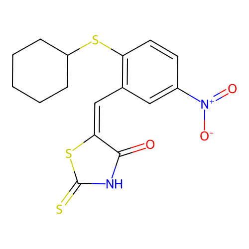 5-[(2-cyclohexylsulfanyl-5-nitrophenyl)methylidene]-2-sulfanylidene-1,3-thiazolidin-4-one structure