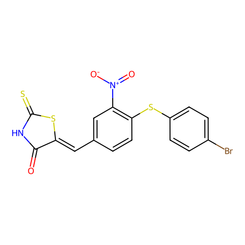 5-({4-[(4-bromophenyl)sulfanyl]-3-nitrophenyl}methylene)-2-thioxo-1,3-thiazolan-4-one structure