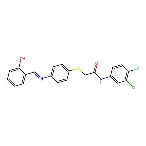 N-(3-chloro-4-fluorophenyl)-2-[(4-{[(2-hydroxyphenyl)methylene]amino}phenyl)sulfanyl]acetamide structure