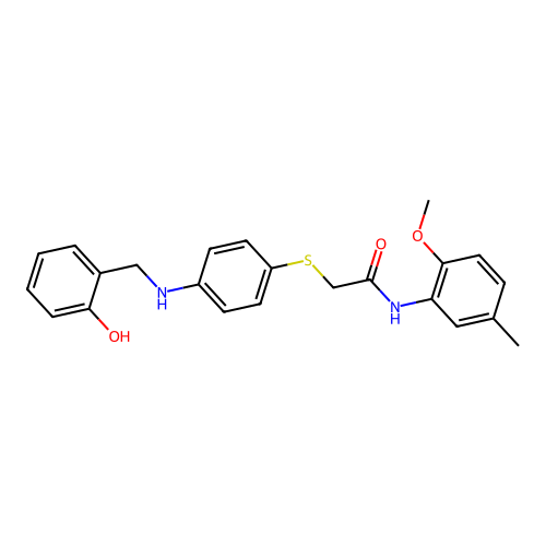 2-({4-[(2-hydroxybenzyl)amino]phenyl}sulfanyl)-N-(2-methoxy-5-methylphenyl)acetamide structure