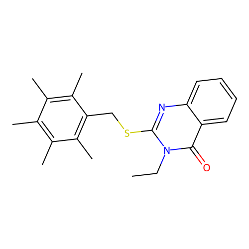 3-ethyl-2-{[(2,3,4,5,6-pentamethylphenyl)methyl]sulfanyl}-3,4-dihydroquinazolin-4-one structure