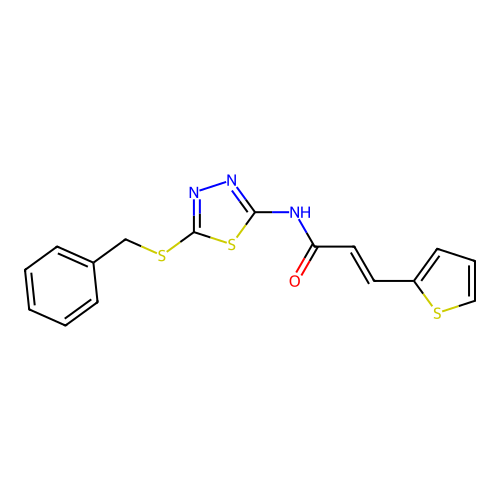 (2E)-N-[5-(benzylsulfanyl)-1,3,4-thiadiazol-2-yl]-3-(thiophen-2-yl)prop-2-enamide structure