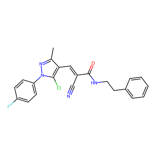 (E)-3-[5-chloro-1-(4-fluorophenyl)-3-methylpyrazol-4-yl]-2-cyano-N-phenethylprop-2-enamide structure