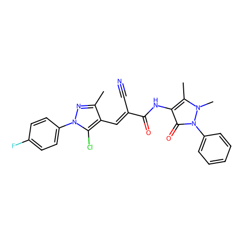 (E)-3-[5-chloro-1-(4-fluorophenyl)-3-methylpyrazol-4-yl]-2-cyano-N-(1,5-dimethyl-3-oxo-2-phenylpyrazol-4-yl)prop-2-enamide structure