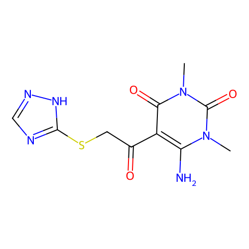 6-amino-1,3-dimethyl-5-[2-(1H-1,2,4-triazol-5-ylsulfanyl)acetyl]pyrimidine-2,4-dione structure