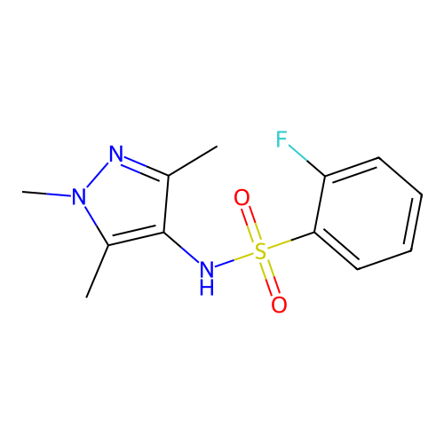 2-fluoro-N-(1,3,5-trimethyl-1H-pyrazol-4-yl)benzene-1-sulfonamide structure
