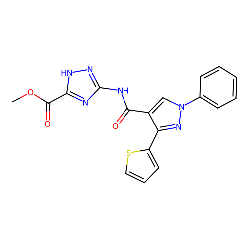 methyl 3-({[1-phenyl-3-(thiophen-2-yl)-1H-pyrazol-4-yl]carbonyl}amino)-1H-1,2,4-triazole-5-carboxylate structure