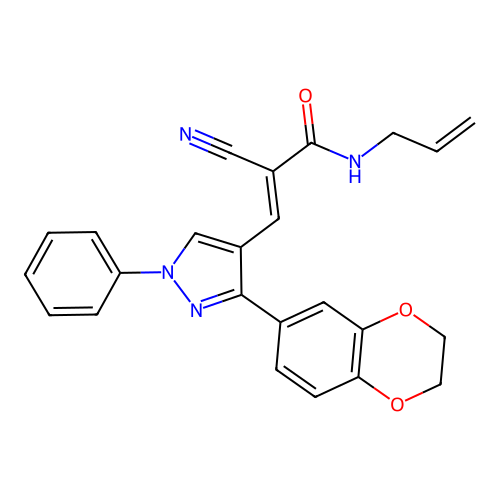 (E)-2-cyano-3-[3-(2,3-dihydro-1,4-benzodioxin-6-yl)-1-phenylpyrazol-4-yl]-N-prop-2-enylprop-2-enamide structure