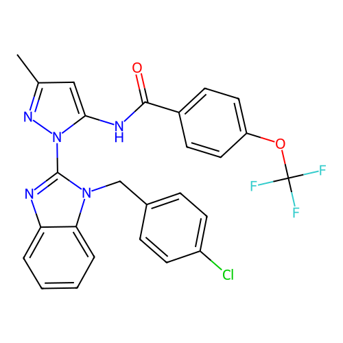 N-(1-(1-(4-chlorobenzyl)-1H-benzo[d]imidazol-2-yl)-3-methyl-1H-pyrazol-5-yl)-4-(trifluoromethoxy)benzamide structure
