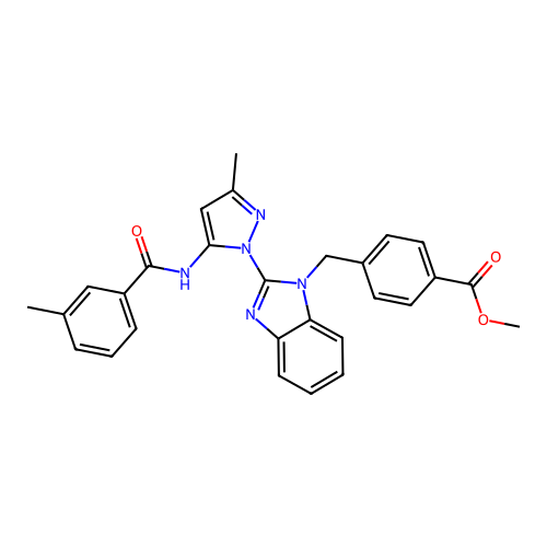 methyl 4-((2-(3-methyl-5-(3-methylbenzamido)-1H-pyrazol-1-yl)-1H-benzo[d]imidazol-1-yl)methyl)benzoate structure