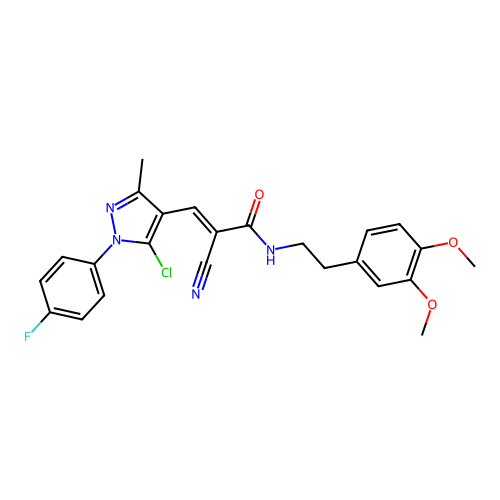 (E)-3-[5-chloro-1-(4-fluorophenyl)-3-methylpyrazol-4-yl]-2-cyano-N-[2-(3,4-dimethoxyphenyl)ethyl]prop-2-enamide structure