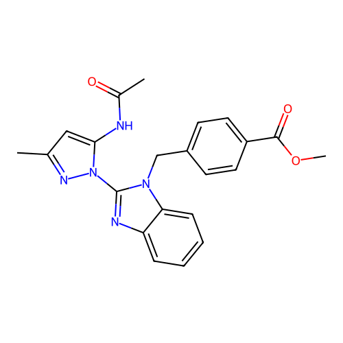 Methyl 4-[[2-(5-acetamido-3-methyl-pyrazol-1-yl)benzoimidazol-1-yl]methyl]benzoate structure