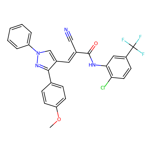 (E)-N-[2-chloro-5-(trifluoromethyl)phenyl]-2-cyano-3-[3-(4-methoxyphenyl)-1-phenylpyrazol-4-yl]prop-2-enamide structure
