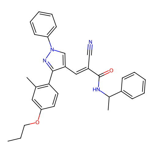 (2E)-2-cyano-3-[3-(2-methyl-4-propoxyphenyl)-1-phenyl-1H-pyrazol-4-yl]-N-(1-phenylethyl)prop-2-enamide structure