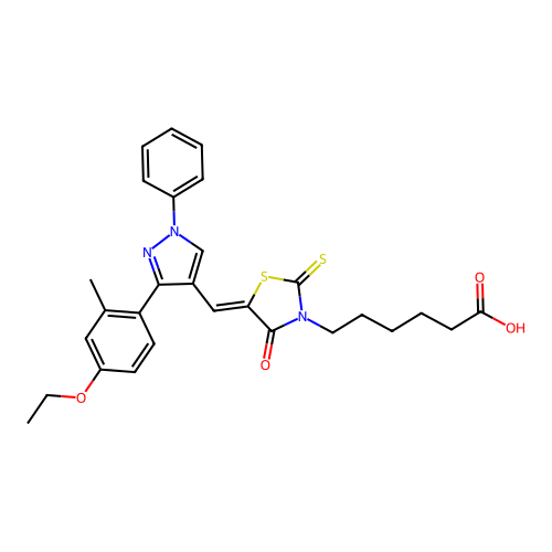 6-[(5Z)-5-{[3-(4-ethoxy-2-methylphenyl)-1-phenyl-1H-pyrazol-4-yl]methylidene}-4-oxo-2-thioxo-1,3-thiazolidin-3-yl]hexanoic acid structure