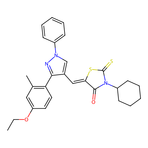 (Z)-3-cyclohexyl-5-((3-(4-ethoxy-2-methylphenyl)-1-phenyl-1H-pyrazol-4-yl)methylene)-2-thioxothiazolidin-4-one structure