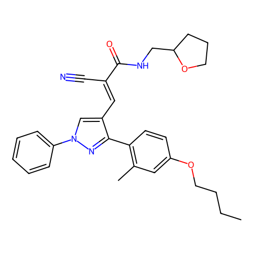 (E)-3-[3-(4-butoxy-2-methylphenyl)-1-phenylpyrazol-4-yl]-2-cyano-N-(oxolan-2-ylmethyl)prop-2-enamide structure