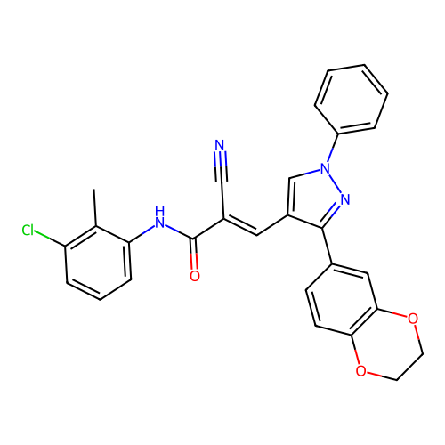 (E)-N-(3-chloro-2-methylphenyl)-2-cyano-3-[3-(2,3-dihydro-1,4-benzodioxin-6-yl)-1-phenylpyrazol-4-yl]prop-2-enamide structure