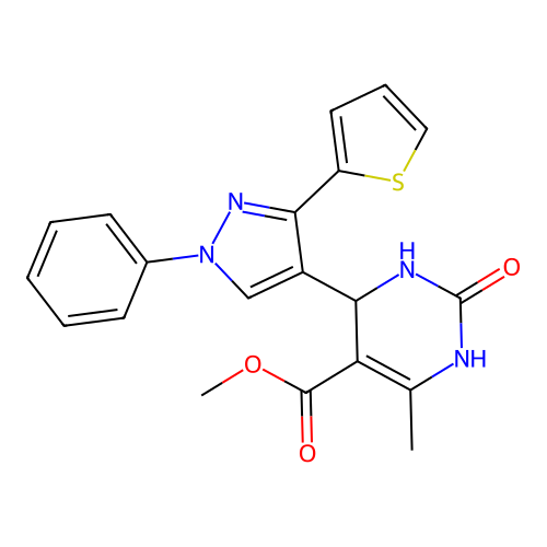 methyl 2-hydroxy-4-methyl-6-[1-phenyl-3-(thiophen-2-yl)-1H-pyrazol-4-yl]-1,6-dihydropyrimidine-5-carboxylate structure