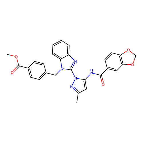 methyl 4-((2-(5-(benzo[d][1,3]dioxole-5-carboxamido)-3-methyl-1H-pyrazol-1-yl)-1H-benzo[d]imidazol-1-yl)methyl)benzoate structure