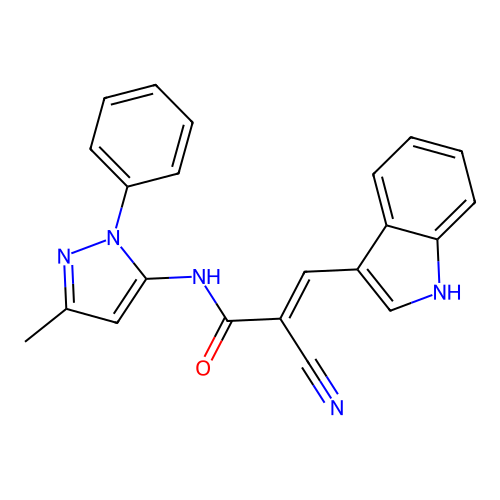 2-cyano-3-(1H-indol-3-yl)-N-(3-methyl-1-phenyl-1H-pyrazol-5-yl)prop-2-enamide structure