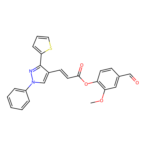 (4-formyl-2-methoxyphenyl) (E)-3-(1-phenyl-3-thiophen-2-ylpyrazol-4-yl)prop-2-enoate structure