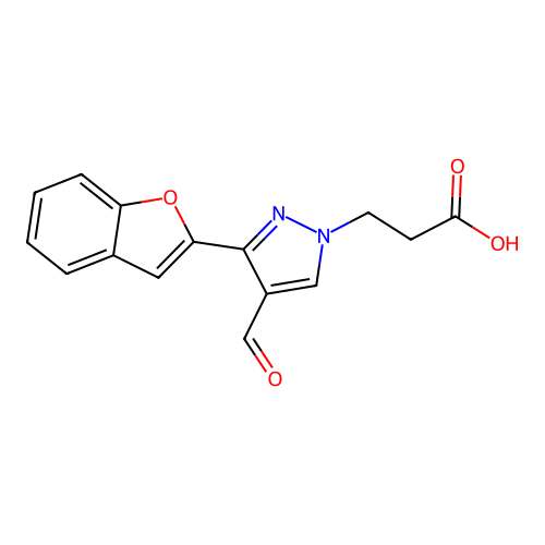 3-[3-(1-benzofuran-2-yl)-4-formyl-1H-pyrazol-1-yl]propanoic acid structure