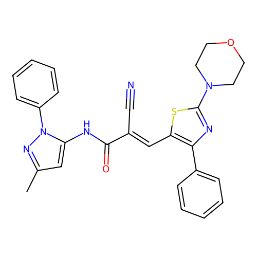 (E)-2-cyano-N-(5-methyl-2-phenylpyrazol-3-yl)-3-(2-morpholin-4-yl-4-phenyl-1,3-thiazol-5-yl)prop-2-enamide structure