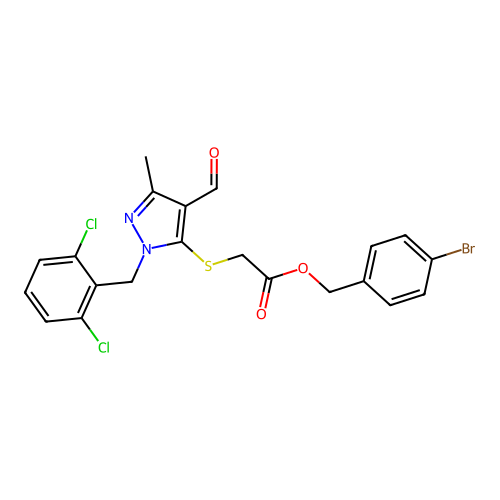 (4-bromophenyl)methyl 2-[2-[(2,6-dichlorophenyl)methyl]-4-formyl-5-methylpyrazol-3-yl]sulfanylacetate structure