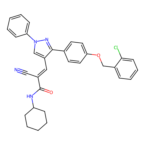 (2E)-3-(3-{4-[(2-chlorobenzyl)oxy]phenyl}-1-phenyl-1H-pyrazol-4-yl)-2-cyano-N-cyclohexylprop-2-enamide structure