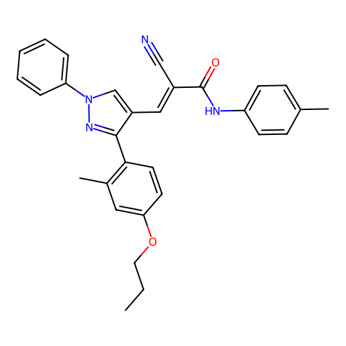 (E)-2-cyano-N-(4-methylphenyl)-3-[3-(2-methyl-4-propoxyphenyl)-1-phenylpyrazol-4-yl]prop-2-enamide structure