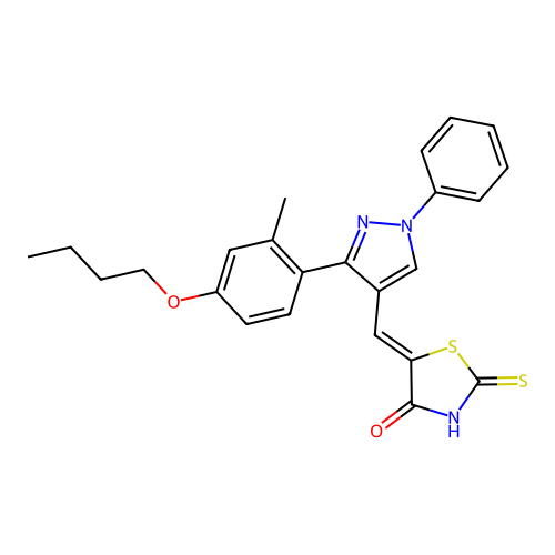 (5Z)-5-{[3-(4-butoxy-2-methylphenyl)-1-phenyl-1H-pyrazol-4-yl]methylidene}-2-thioxo-1,3-thiazolidin-4-one structure