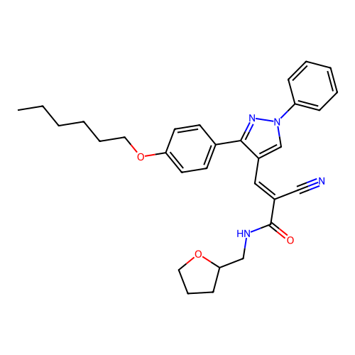 (E)-2-cyano-3-[3-(4-hexoxyphenyl)-1-phenylpyrazol-4-yl]-N-(oxolan-2-ylmethyl)prop-2-enamide structure