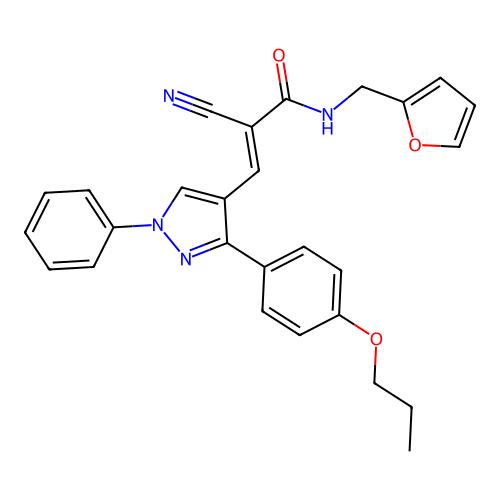 (E)-2-cyano-N-(furan-2-ylmethyl)-3-[1-phenyl-3-(4-propoxyphenyl)pyrazol-4-yl]prop-2-enamide structure