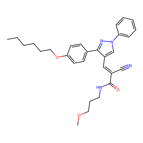 (E)-2-cyano-3-[3-(4-hexoxyphenyl)-1-phenylpyrazol-4-yl]-N-(3-methoxypropyl)prop-2-enamide structure