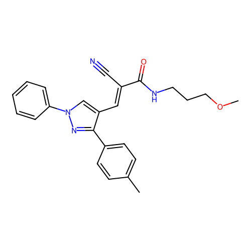 (E)-2-cyano-N-(3-methoxypropyl)-3-[3-(4-methylphenyl)-1-phenylpyrazol-4-yl]prop-2-enamide structure