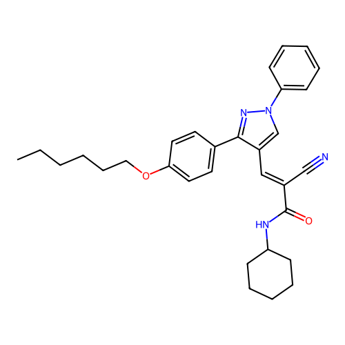 (E)-2-cyano-N-cyclohexyl-3-[3-(4-hexoxyphenyl)-1-phenylpyrazol-4-yl]prop-2-enamide structure