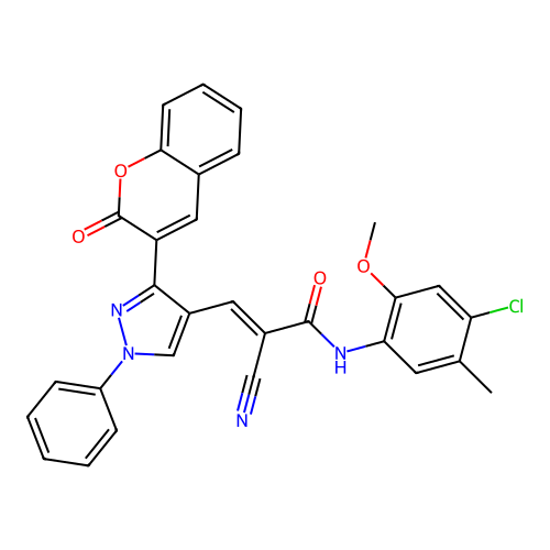 (E)-N-(4-chloro-2-methoxy-5-methylphenyl)-2-cyano-3-[3-(2-oxochromen-3-yl)-1-phenylpyrazol-4-yl]prop-2-enamide structure