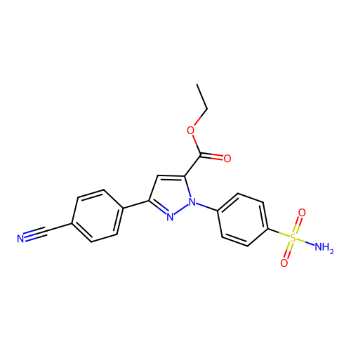 ethyl 3-(4-cyanophenyl)-1-(4-sulfamoylphenyl)-1H-pyrazole-5-carboxylate structure
