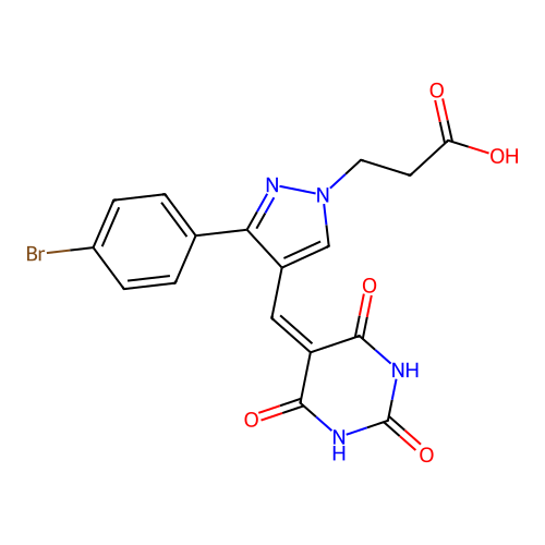 3-(3-(4-bromophenyl)-4-((2,4,6-trioxotetrahydropyrimidin-5(2H)-ylidene)methyl)-1H-pyrazol-1-yl)propanoic acid structure